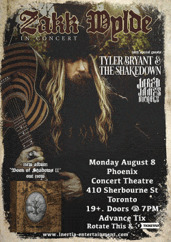 Zakk Wylde, Tyler Brant And The Shakedown & Jared James Nichols tickets - Toronto, ON. - Inertia Entertainment