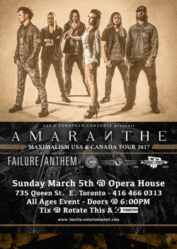 AMARANTHE, FAILURE ANTHEM, CITIZEN ZERO, CYPHER 16 & SMASH INTO PIECES tickets - Inertia Entertainment